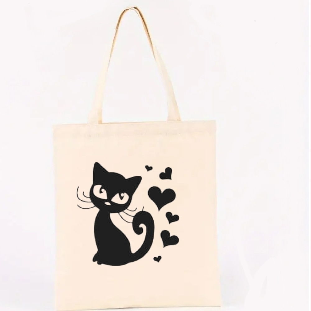 NEW!! Cute Cat with Hearts GRAPHIC Canvas Tote bag.